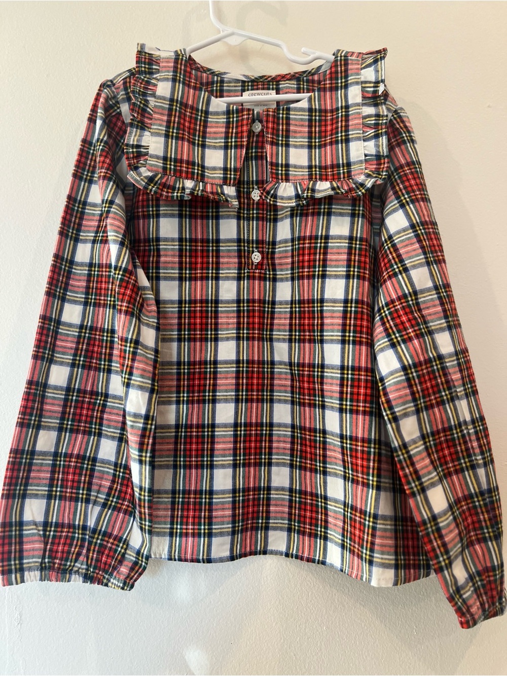 J. Crew Red White Navy Plaid Ruffle-Yoke Long Sleeve Top